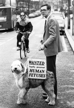 A dog advertising for human limbs and fetuses