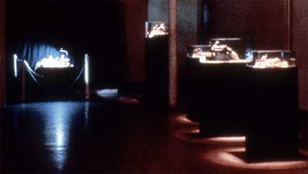 Color photograph of the 1982 interior of Unit/Pitt Gallery Vancouver during the Dead Animals exhibition