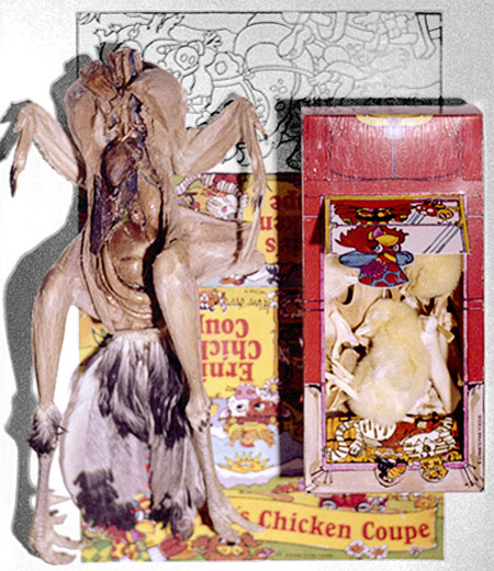 PICTURE: top view of the sculpture showing dissected and freeze-dried chicken beside the chicken-dinner promotional package containing 3 freeze-dried chicks.